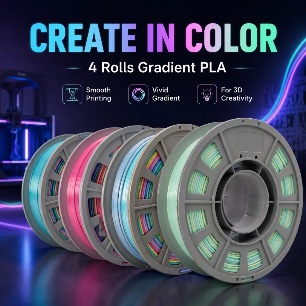 4-Roll Rainbow Gradient PLA Filament Bundle, 1.75mm 300g/Roll for FDM Printing