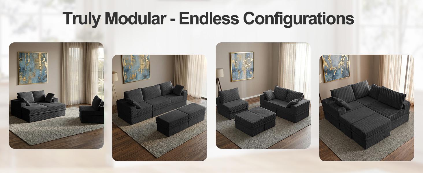【3 Packages Shipping】NABUMI 142" Modular Sectional Sofa with Storage, Oversized U-Shaped Cloud Couch with Ottoman, 27" Deep Seat Memory Foam Corduroy 6-Seater Couches, Ergonomic Memory Foam, Free Combination, Tool-Free Assembly, Black BeigeDark Gray Green
