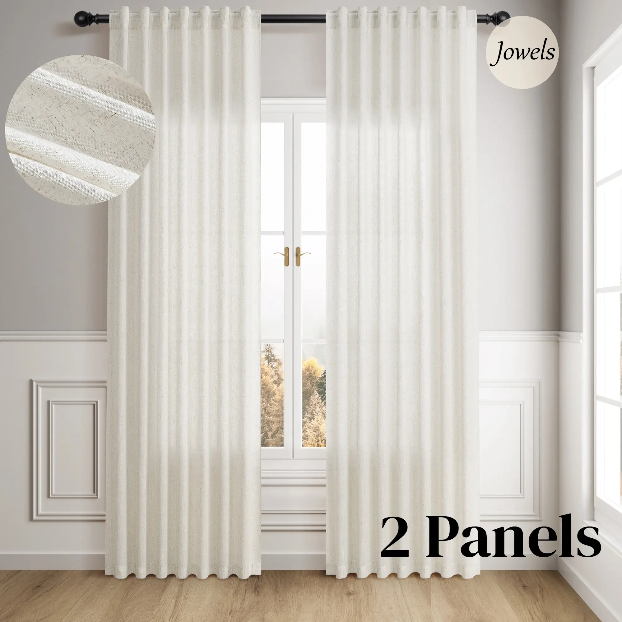 Jowels Linen Back Tab Curtains for Living Room 2 Panel Pocket Drape Light Filtering Semi Sheer Cream Country Rustic Farmhouse Boho Curtain Bedroom Pin