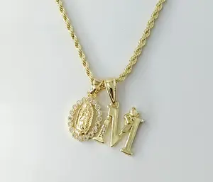 Plated Dainty Letter "M" Virgin Mary Double Pendants 2mm Rope/Braided Chain Necklace