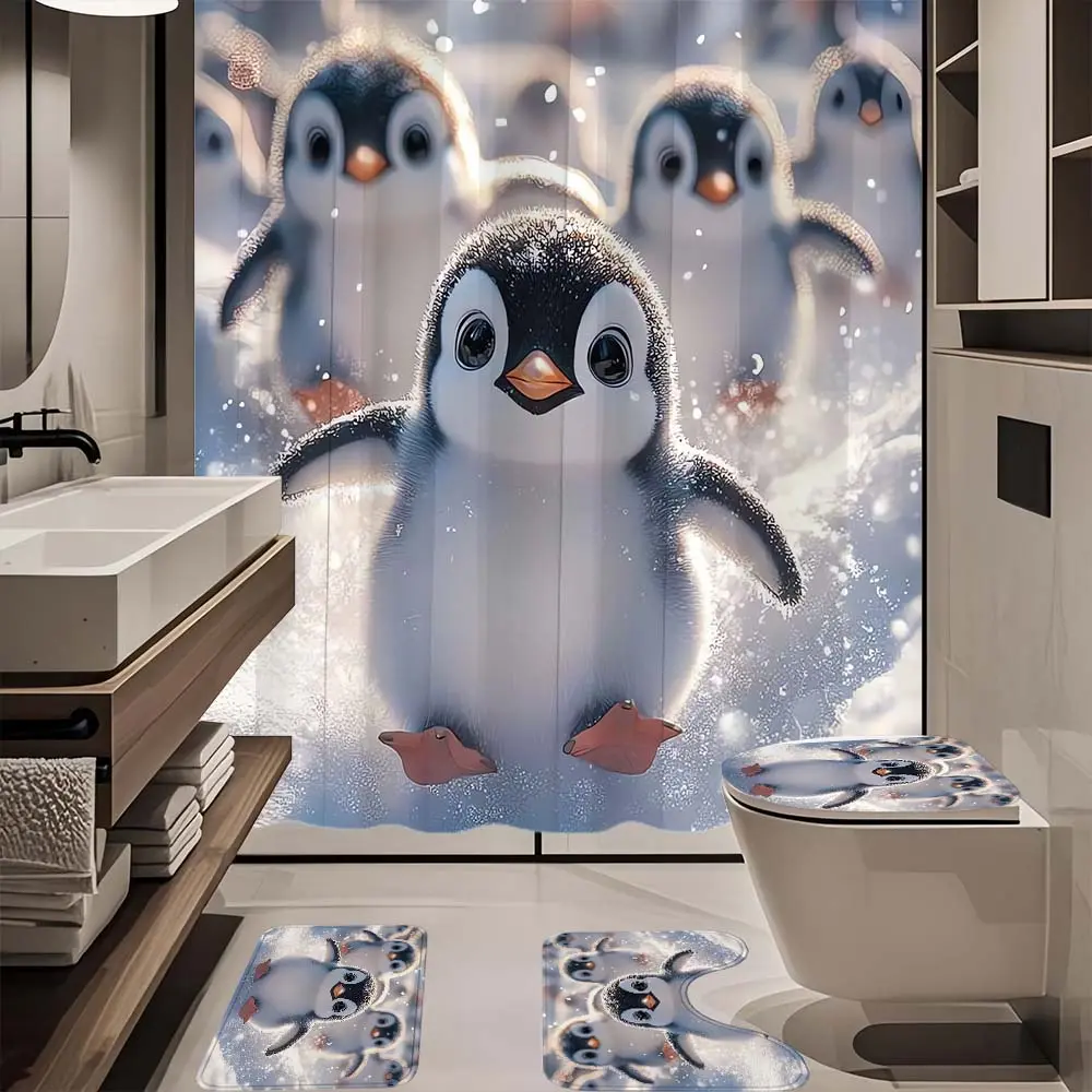 1/4pc cute little penguin pattern bathroom set on snow, The 4-piece set includes a single shower curtain, anti slip floor mat, toilet U-shaped mat, toilet lid mat, with shower curtain hook, and belongs to bathroom decoration products