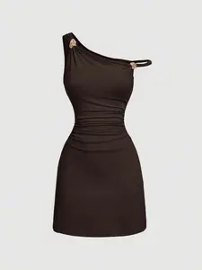 Women's Solid Color Asymmetrical One-Shoulder Chic Dress, Slim Fit with Elegant Decorative Button, Perfect for Vacation Beach Work Everyday Wear