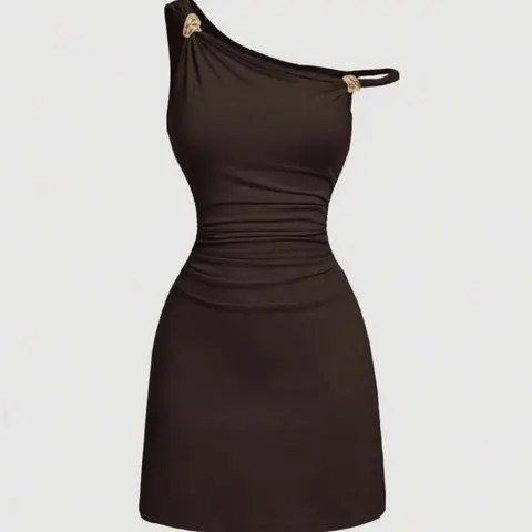 Women's Solid Color Asymmetrical One-Shoulder Chic Minimalist Basic Dress, Slim Fit with Elegant Decorative Button, Perfect for Summer Vacation Beach Work Everyday Wear