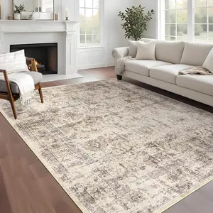 GARVEE 5x7 Washable Vintage Distressed Rug, Non-Slip, Stain Resistant, Foldable Low Pile Rug for Living Room, Dining Room, Bedroom in Beige, 5'x7' Size