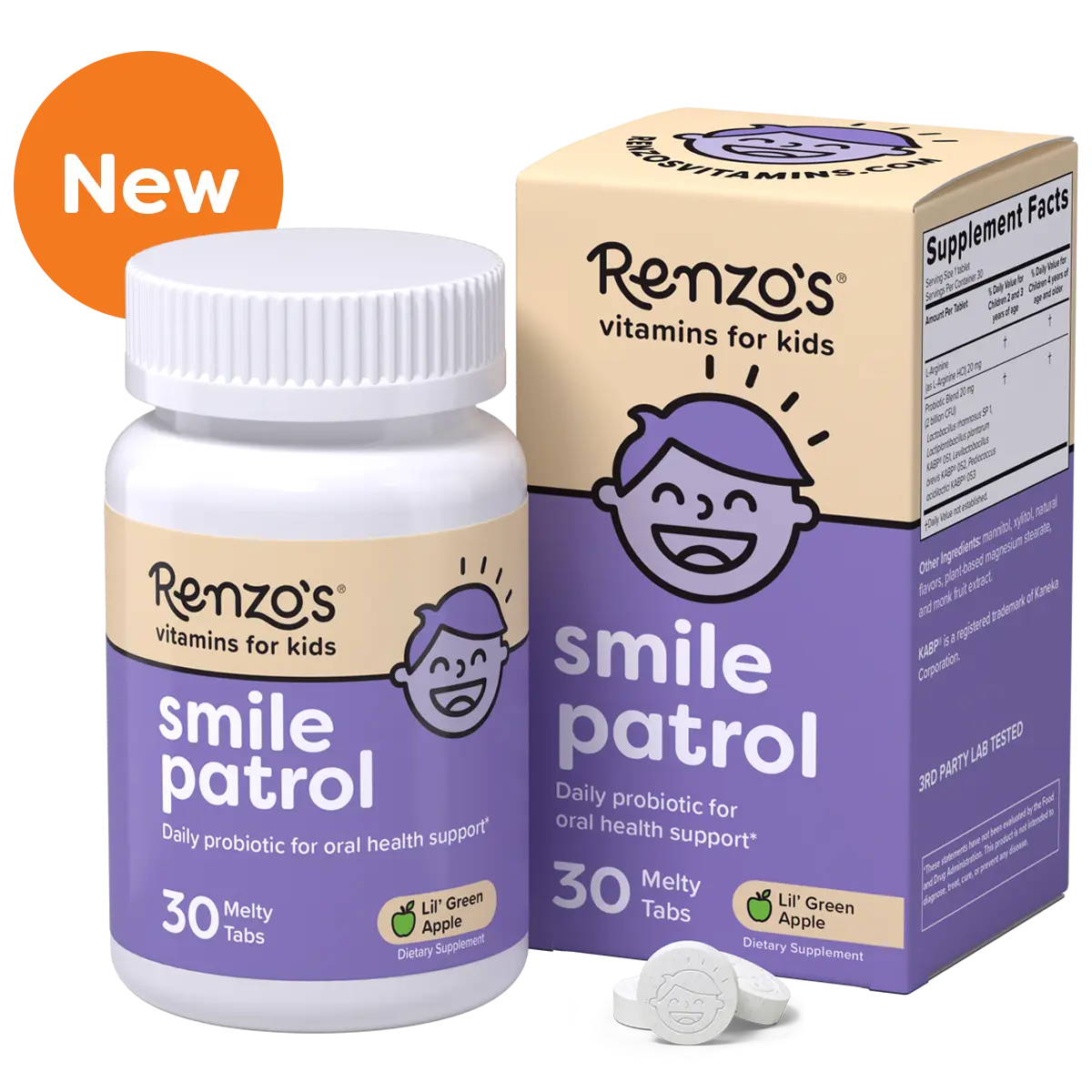 Renzo's Vitamins Smile Patrol Children's Daily Nutrition Supplement Tablets - Sugar-Free Dietary Probiotic for Strong Teeth, Gums, Stronger Smiles, 30 Melty Oral Care Tabs (A Children Vitamins & Supplements Option)