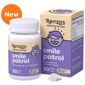 Renzo's Vitamins Smile Patrol Daily Oral Health Supplement for Kids Sugar-Free Probiotic for Strong Healthy Teeth & Gums 30 Melty Tabs