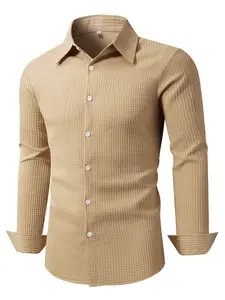 Men's Solid Textured Long Sleeve Button Front Shirt, Regular Fit Casual Business Collared Top for Fall & Winter, Men's Clothes for Daily Wear
