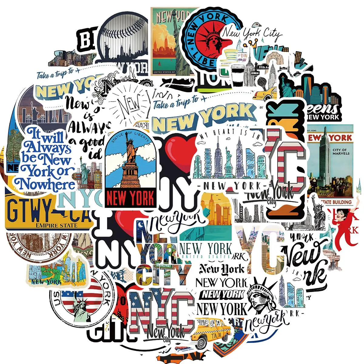 New York Themed Sticker, 50pcs/set Waterproof Self Adhesive Decor Paper, Decor Sticker for Gift, Greeting Card, Water Bottle, Laptop, Phone, Ornaments
