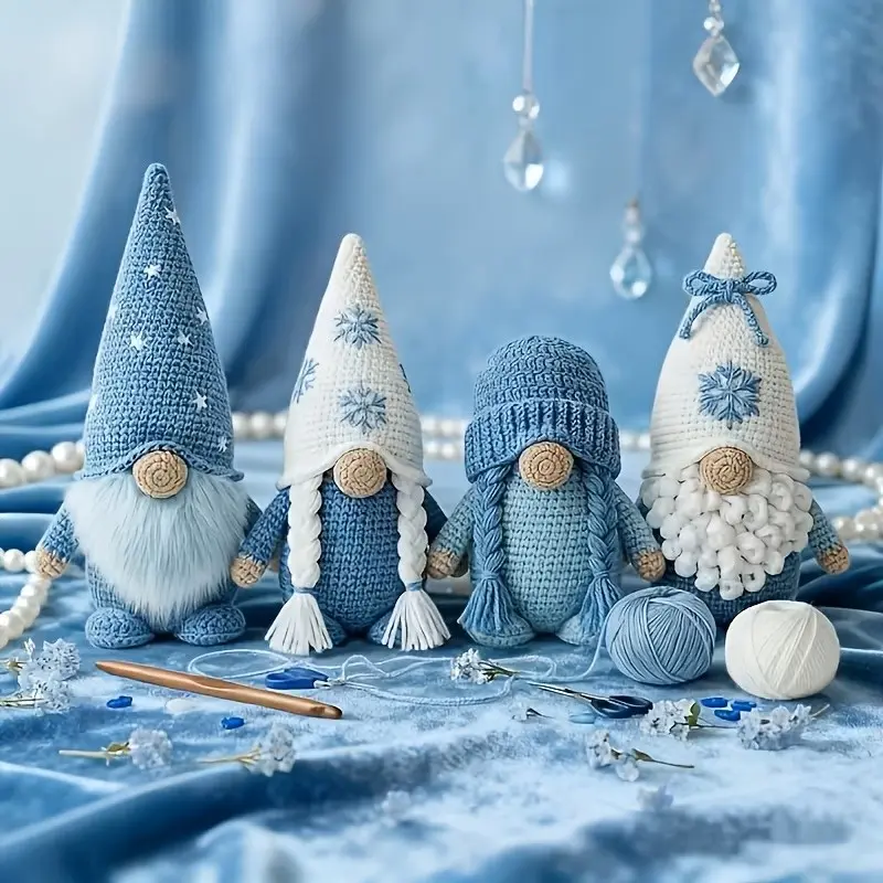 This 4pcs Crochet Kit Contains Four Blue And White Elf Themed Items for Creative DIY Crochet Includes High Definition Diagrams And Beginner Friendly Tutorials Includes Crochet Hooks, Matching Yarn, And Accessories Perfect for Gifting to Friends