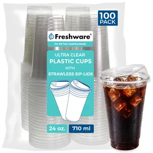 Freshware Clear Plastic Cups with Strawless Sip Lids (100 Pack) – Disposable Party Cups, Heavy Duty Cold Drink Cups for Iced Coffee, Soda & Juice