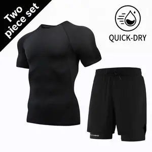 2-piece set Men's Compression Short Sleeve + Sports Shorts Quick-Dry Tight-Fit T-Shirt and Quick-Dry Shorts, Suitable for Running, Walking, Gym Workouts, Breathable and Comfortable
