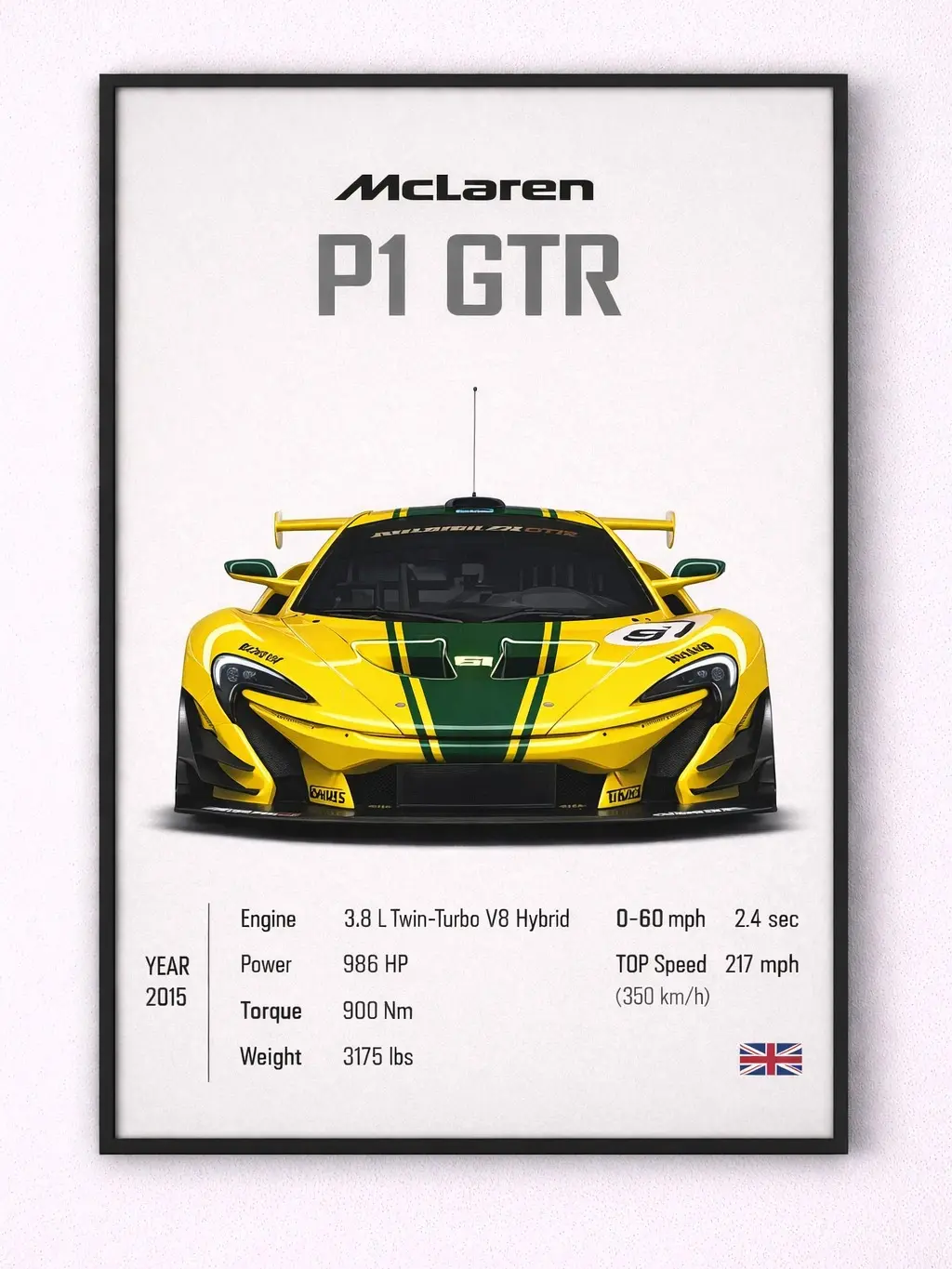 Mclaren P1 GTR Poster Decor Luxury Print Wall Art Decor For Home Bedroom With Black Frame-Size:12x18in