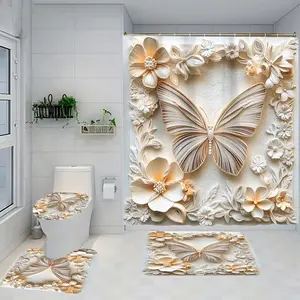 1/4 piece butterfly flower design bathroom set, including soft floor mat, toilet seat cushion, shower curtain, creating elegant decoration, home decoration, floor mat with good rebound, water absorption, anti slip, the first choice for gift giving