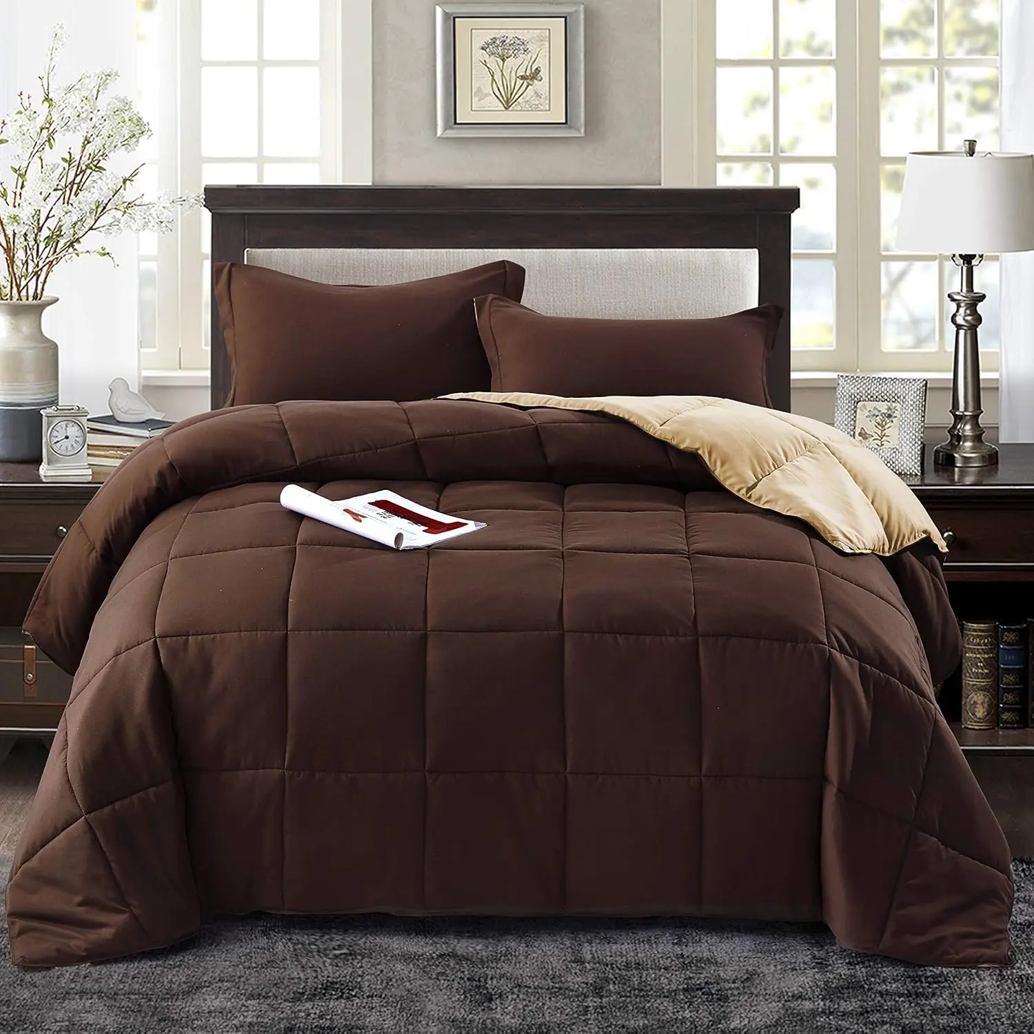 HIG 3pc Down Alternative Comforter Set - All Season Reversible Comforter with Two Shams - Quilted Duvet Insert with Corner Tabs - Box Stitched - Soft, (Full/Queen, Chocolate)