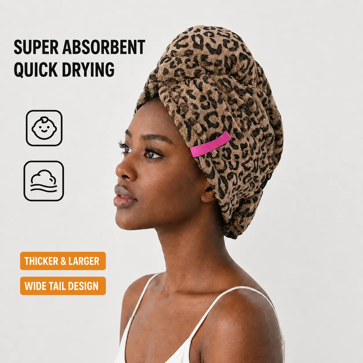 French-Style Luxury Thick Extra-Large Leopard Print Bath Shower Cap - Quick-Drying, Absorbent, with Wide Tail Tie for Hair Drying