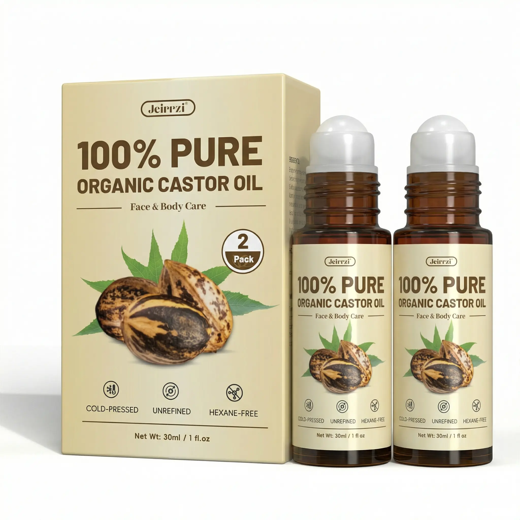 Organic Castor Oil Roll-On 2-Pack - 100% Pure Cold-Pressed, 1oz Glass Bottles, Travel Size, Cruelty-Free Haircare Solution, Strengthens Hair, Boosts Healthier Hair, Hydrates Skin/Cracked Heels, Enhances Brows/Lashes (Beauty & Personal Care Body Oil)