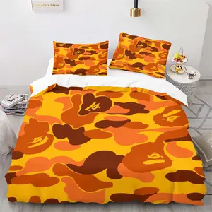 APE Streetwear Style Orange Yellow Camo Duvet Cover Set, 1 Duvet Cover + 1-2 Pillowcases, Streetwear Style Camouflage Bedding Set, Soft Microfiber All Season, Street Style Bedroom Decoration, Gift for Streetwear Enthusiast