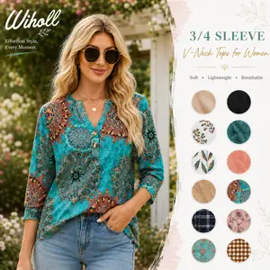 WIHOLL 3/4 Sleeve Tops Summer Outfits for Women Breathable Lightweight Blouses Air Conditioner Friendly Loose Fit Beach Vacation Girls Adjustable