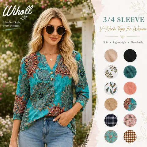 WIHOLL 3/4 Sleeve Tops Summer Outfits for Women Breathable Lightweight Blouses Air Conditioner Friendly Loose Fit Beach Vacation Girls Adjustable