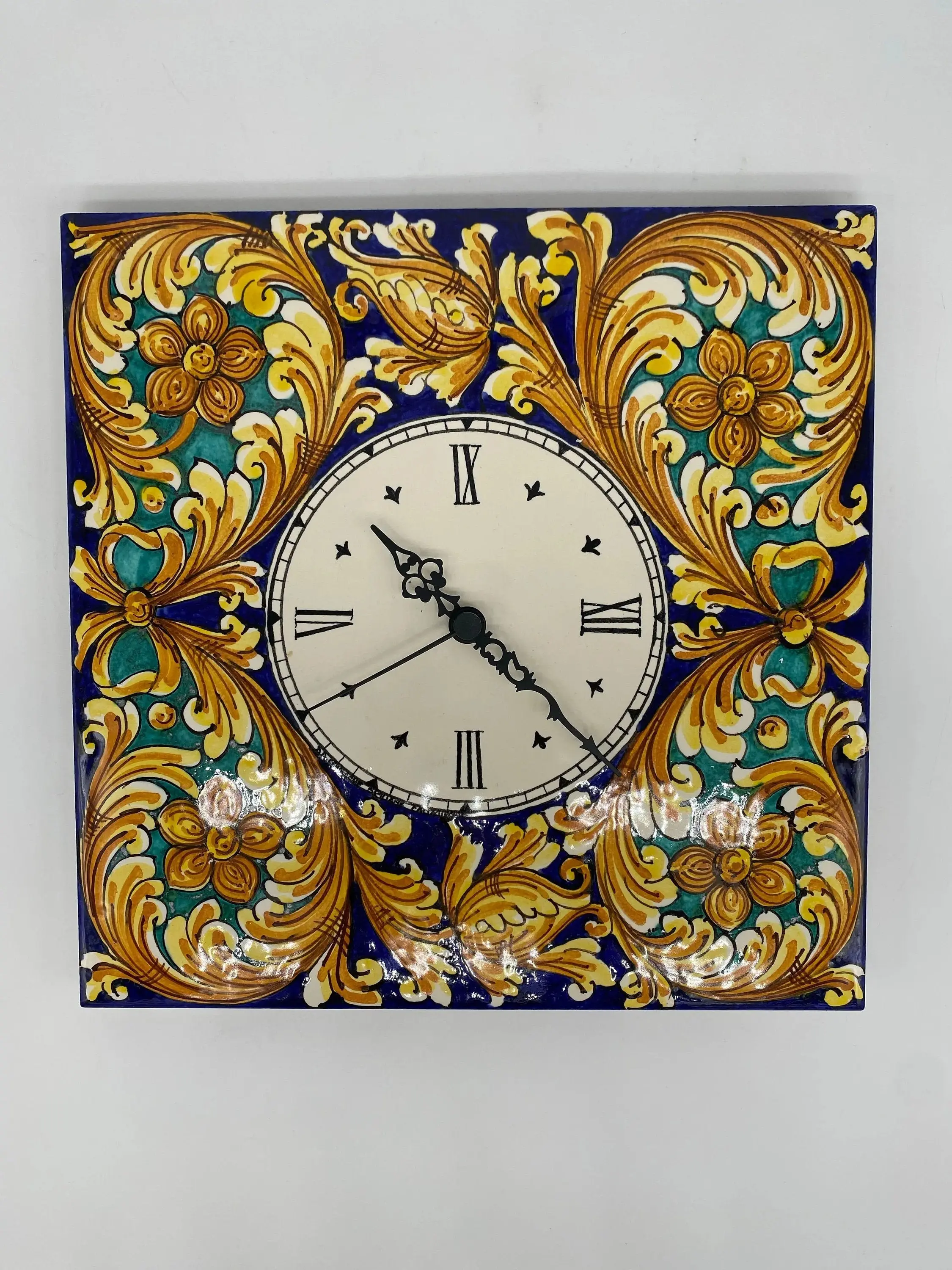 Caltagirone Ceramic Wall Clock Square hand painted Side 30cm Decor n.2