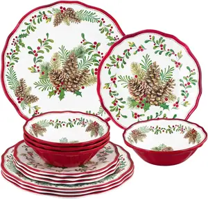 12 Piece Pinecones Melamine Dinnerware Sets, Outdoor Dishes Set, Plates and Bowls Sets, Christmas Decorations, Service for 4, Red