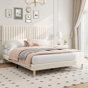Velvet Bed Frame, Vertical Channel Tufted Headboard, Height Adjustable, Upholstered Platform Bed, No Box Spring Needed