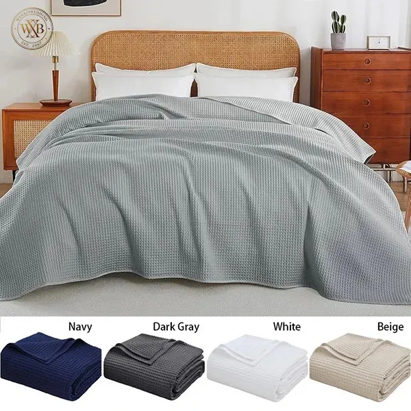 All Season Waffle Weave Egyptian Cotton Blanket Soft Lightweight Breathable Bed Throw Blanket for Sofa Bed Guest Room Gray Navy Beige White
