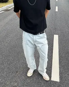 Frofooo Light Blue Relaxed Fit Jeans Men's Relaxed Fit Jeans Streetwear Vintage Washed Straight Leg Jeans Double Knee Reinforced Jeans Men's Relaxed Wide Leg Workwear Jeans birthday outfit