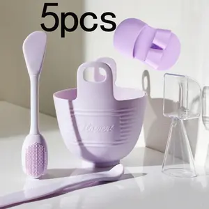 5-piece silicone facial mask bowl set, DIY clay mask mixing kit, facial mask applicator kit, soft and reusable silicone facial clay mask mixing bowl with spoon, dual-ended facial mask brush, mini finger face brush for easy cleaning