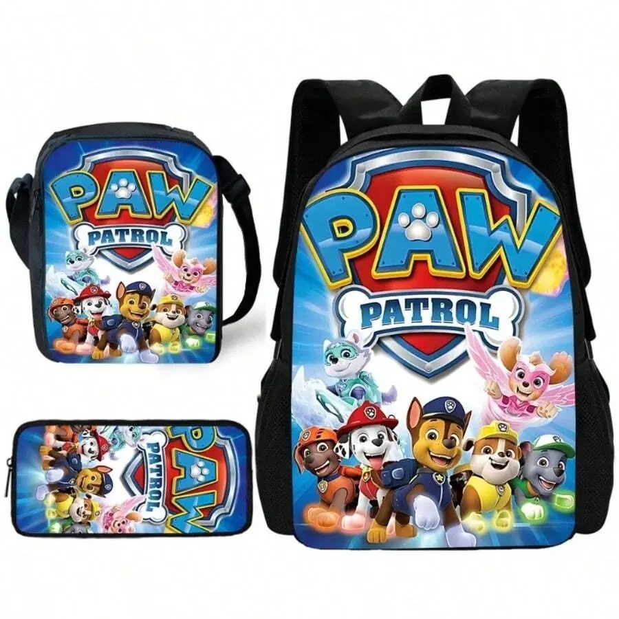 Kids' 3-Piece Cartoon Animal Print Backpack Set - 600D Oxford Cloth, Durable Water-Resistant, Lightweight School Bag with Top Handle, Insulated Lunch Box for School Lunches, Pencil Case, Padded Breathable Straps, Mesh Back, Large Capacity for 15-in Laptop