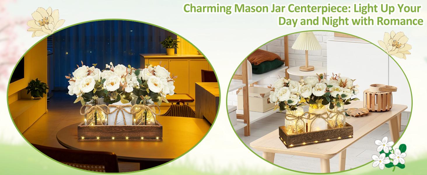 Holiday Deal Mason Jar Centerpiece Table Decor for Dining Room - Easter Table Decorations with Farmhouse Wood Tray and Remote Control LED Fairy Lights for Coffee Table Home Decor Living Room Wedding