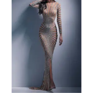 1pc Elegant Mesh Evening Gown with Deep & Long Sleeves, Radiant Crystal Embellishments, Sheer Fitted Silhouette, Slit Skirt, Perfect for Galas & Red Carpets, Spring/Fall Fashion for Women, Formal Evening Gown