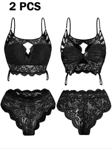 Women's Sexy Fitted Sheer Lace Butterfly Embroidered Bra Set, Large Transparent Temptation Wire-Free Bras & Thongs, 2 Piece Lingerie Set Bralette