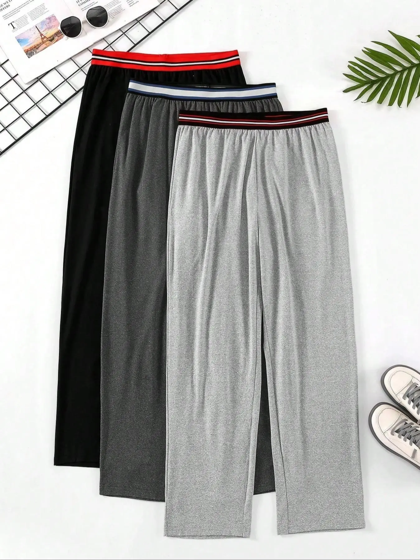 Men's Long Pants Indoor Home Sleepwear 3 Pack, Comfortable Fitted Solid Color Plain Elastic Waist Pajamas Pjs Sleeppants for Men, Wide Elastic Waist Effect, Casual Home Lounge Pants Loungewear