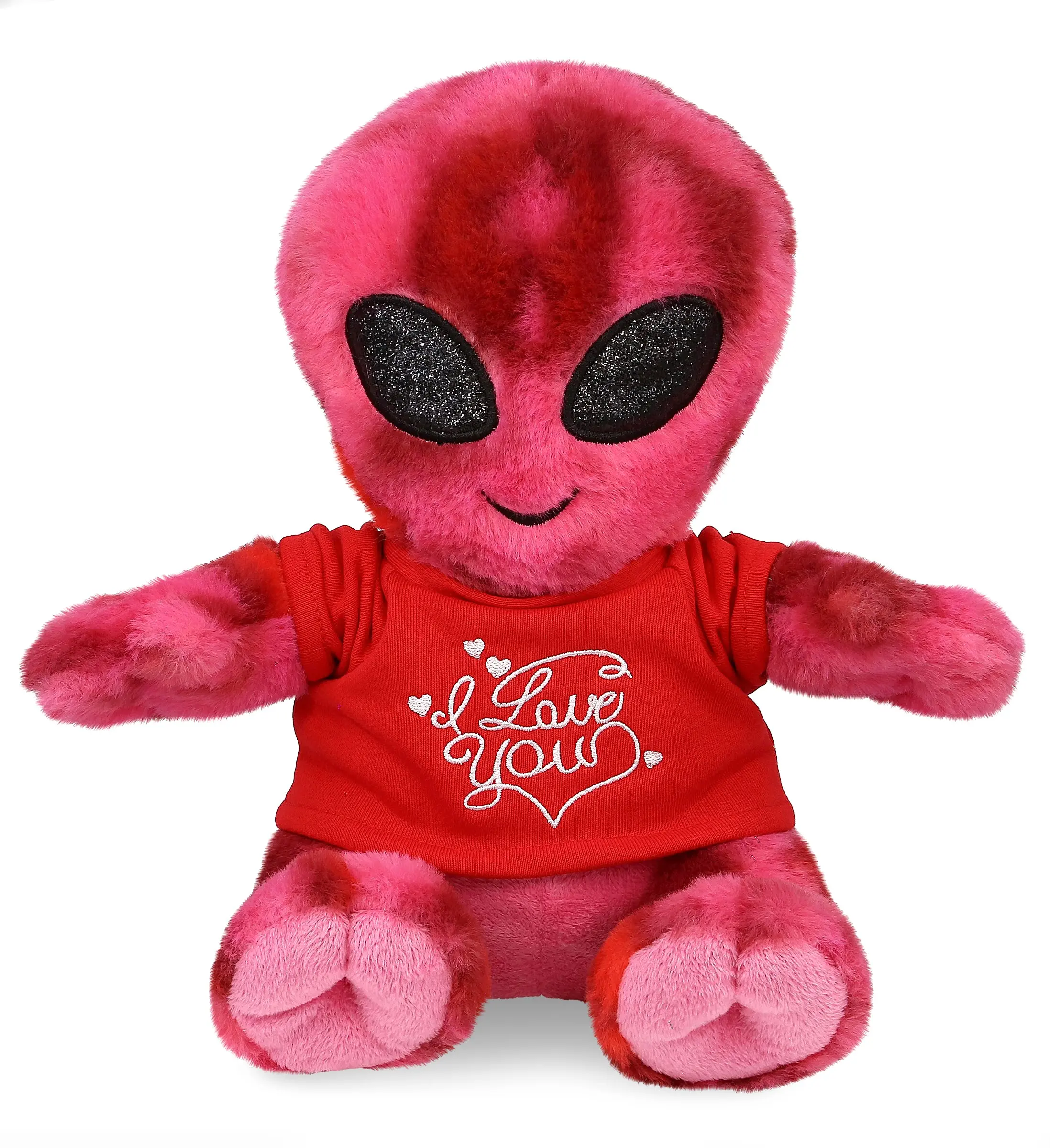 DOLLIBU 11" Pink Tie-Dye Alien Stuffed Toy - 7.5lx5wx11h inches, 100% Polyester Super-Soft Plush, Red Love Message Polyester Clothing, Unisex, Ideal for Birthday Gifting & Bedroom Decor, Hand Wash-Dry Compatible