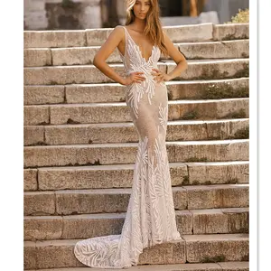 V Neck Backless Lace sleeveless Wedding Nude Dress
