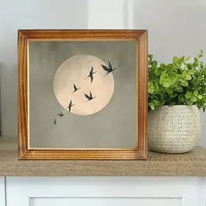 [2D Flat] Sage Green Sun and Birds Wall Art - Abstract Sunrise with Flying Birds, Rustic Wooden Frame, Perfect for Living Room and Bedroom Decor, Room Decor