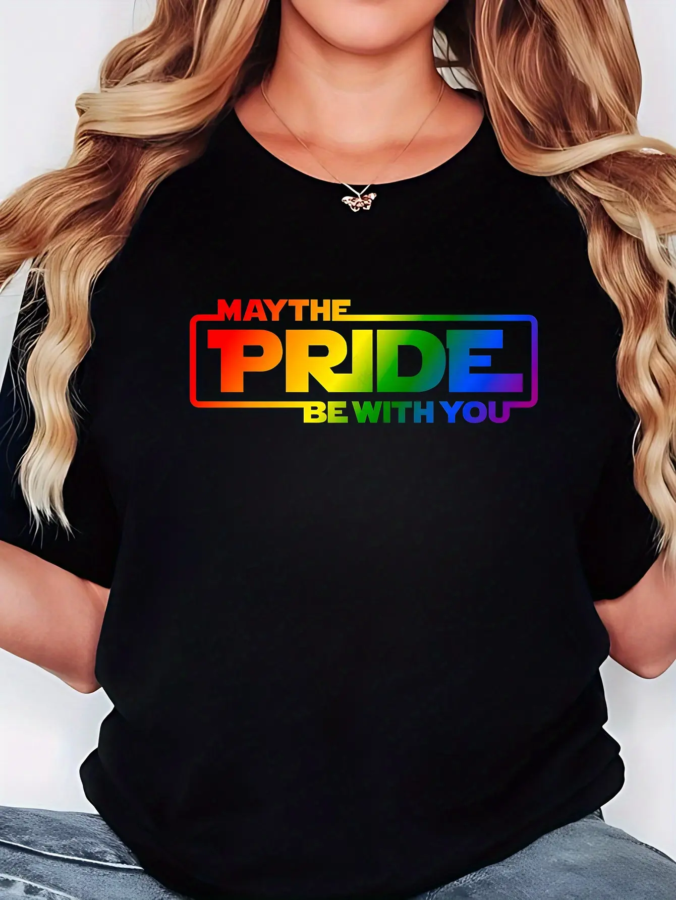 [Pride Plus Size T-Shirt] Rainbow Graphic Plus Size Women's Pride T-Shirt - Casual Crew Neck, Stretchy Short Sleeve, Lightweight & Breathable "May the Pride Be with You" Tee for Spring/Summer