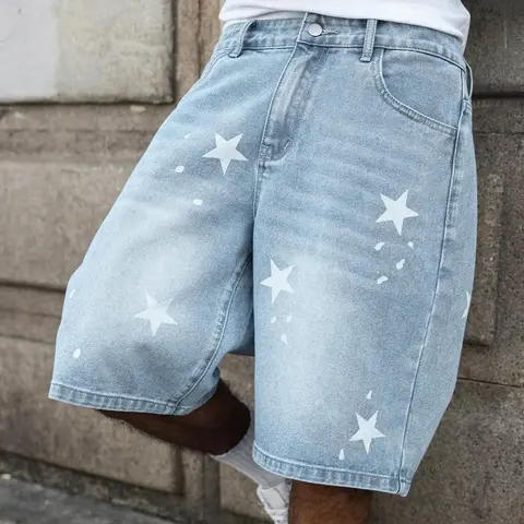 Unisex Star Print Denim Shorts, American High Street Baggy Washed Jorts, Viral TikTok Pick for Street Style, Skate Outings, Y2K Fits, Gradient Wash + Wide-Leg Fit, Denim Jorts, Streetwear, Short Pants