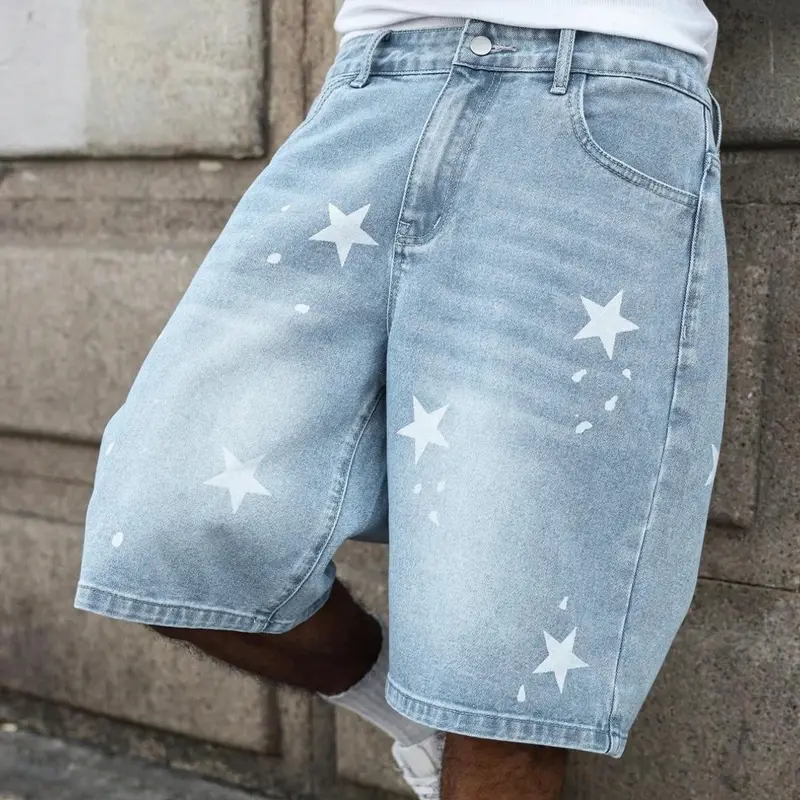 Unisex Star Print Denim Shorts, American High Street Baggy Washed Jorts, Viral TikTok Pick for Street Style, Skate Outings, Y2K Fits, Gradient Wash + Wide-Leg Fit, Denim Jorts, Streetwear, Short Pants