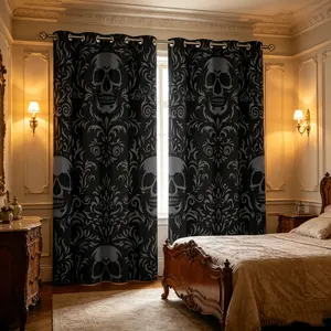 Two-Piece Half-Blackout Grommet Curtains Window Drapes for Living Room & Bedroom, Gothic Skull Print, Easy Installation, Suitable for Apartments & Hotels
