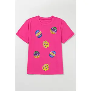 Pink Sequin Easter Eggs Crewneck Tee - Colorful Egg Patches & Classic Fit for Holiday Gatherings