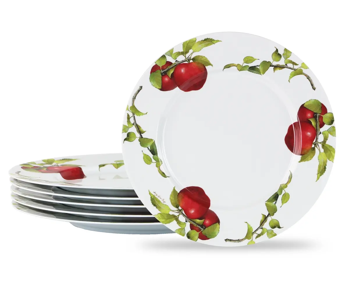 212 MAIN 6-Piece Melamine Round Circle Dinner Plates Set - Harvest Apples Design, Colorful Decorative, Refined Edge, Lightweight, Dishwasher-Safe Kitchen Dinnerware