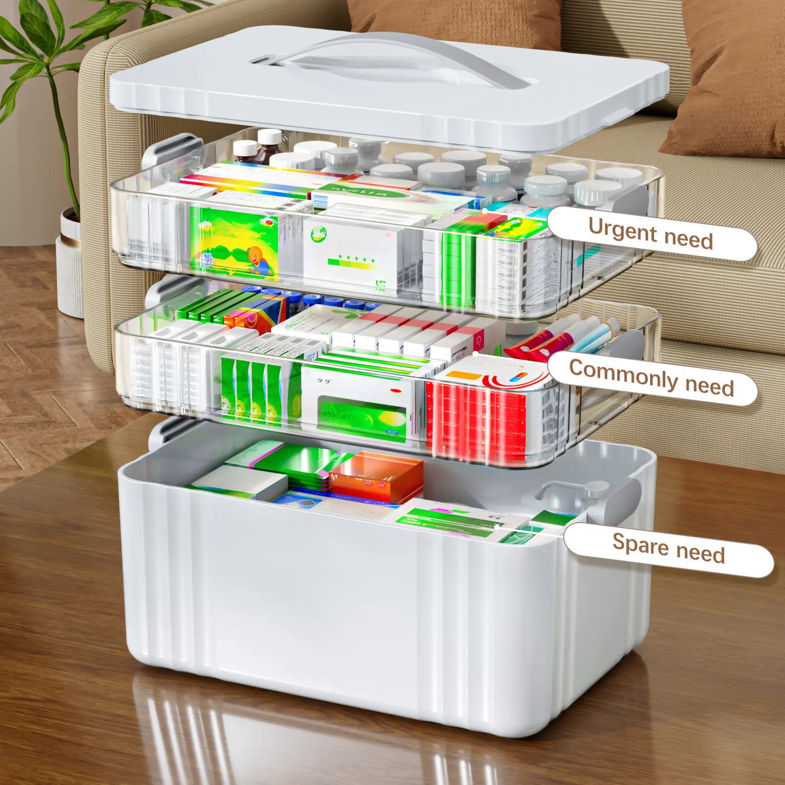 3-Tier Functional Medicine Storage Box, Large Capacity Lockable Portable Pill Case with Removable Trays, Dividers & Carry Handle, Tiered First Aid Organizer for Home & Travel, Dorm Essentials