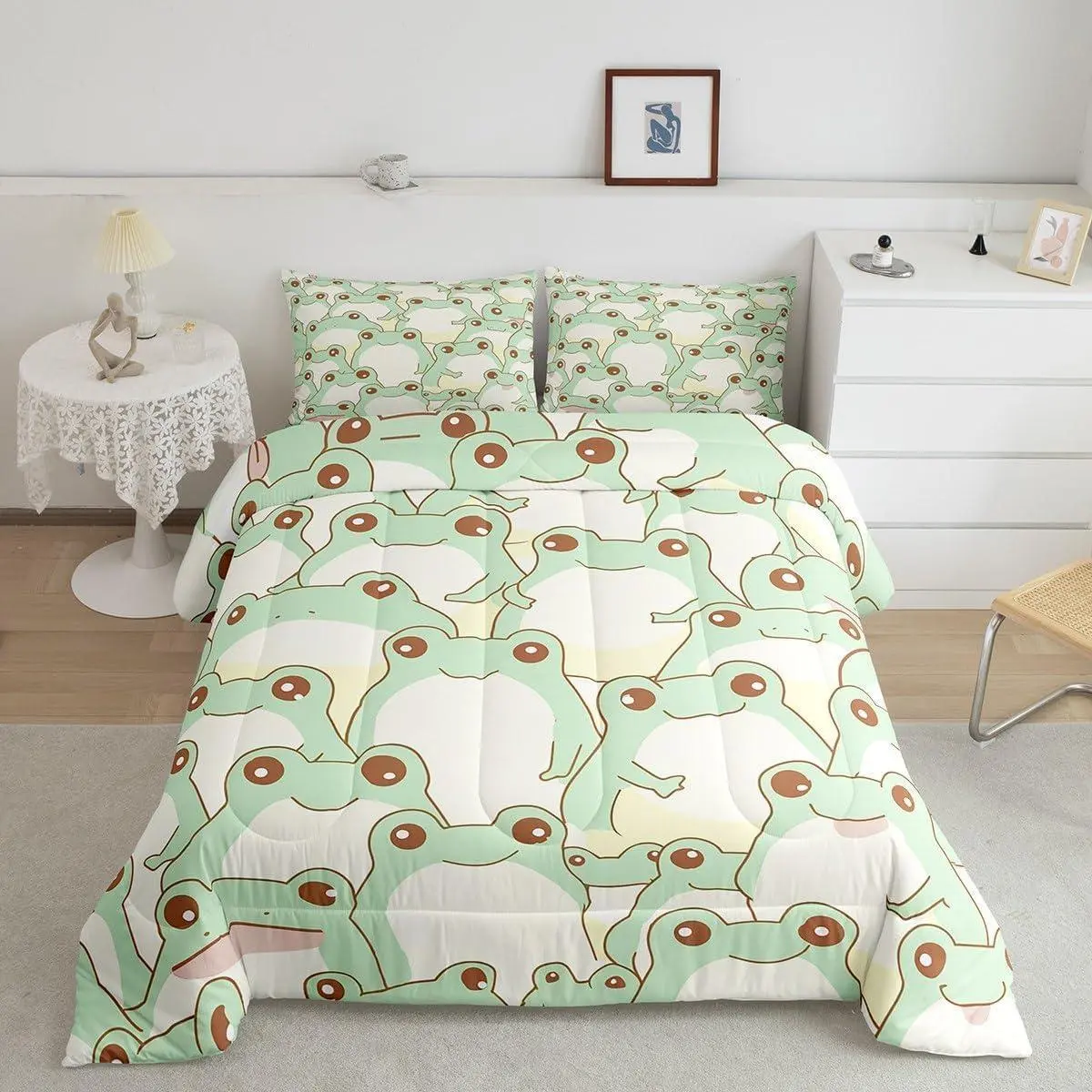 Cute Frog Comforter Set,Green Frog Bedding Set for Kids Girls Women,Adults Kawaii Animals Comforter,Cartoon Quilted Duvet Set,Bedroom Collection