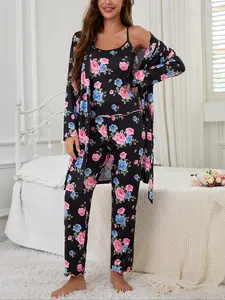 Floral Print Women's Robe Set + Strap Pants Three-Piece Comfortable Sleepwear Suit, Casual Home Wear for All Seasons