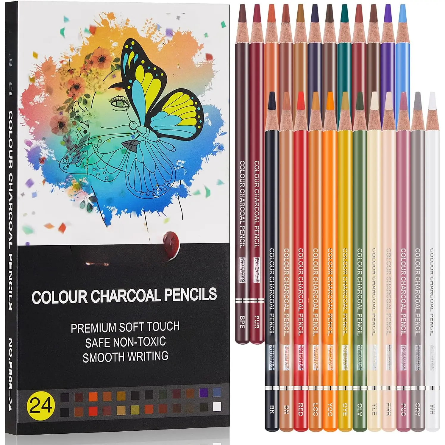 Professional Colored Charcoal Pencils Drawing Set,  Tone Colored Pencils, Pastel Chalk Pencils for Sketching, Shading, Coloring, Layering & Blending, 24 Colors