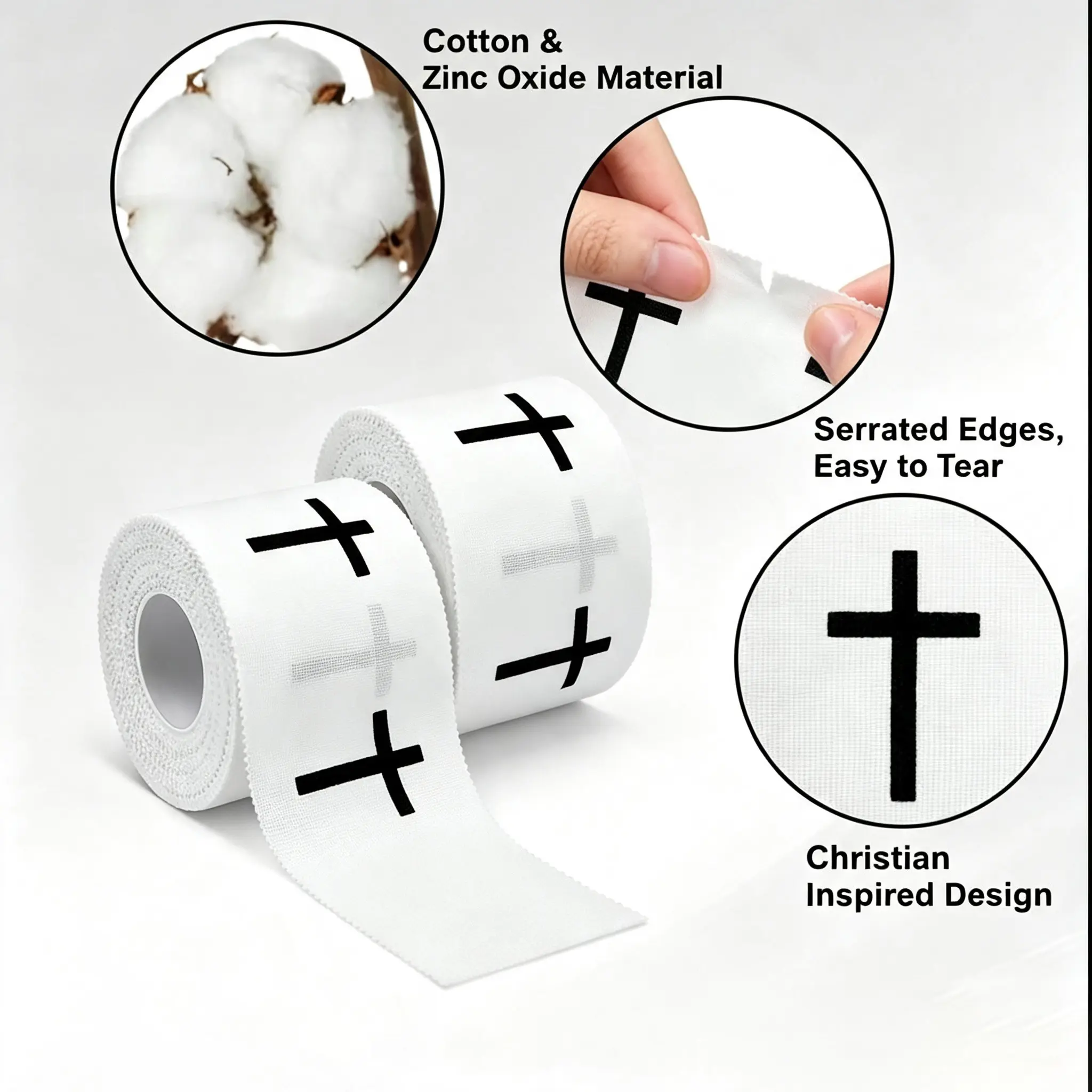 Christian Cross Cotton Athletic Tape - 2x23 ft Roll, Jesus Design Sports Wrap Wrist Wraps for Workout Support, Christian Church Gift