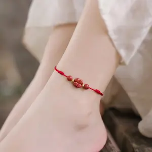 2024 New Year Cinnabar Red Rope Anklet Female Blessing Couple Hand-woven Lucky Four-leaf Clover Red Rope Anklet Wholesale