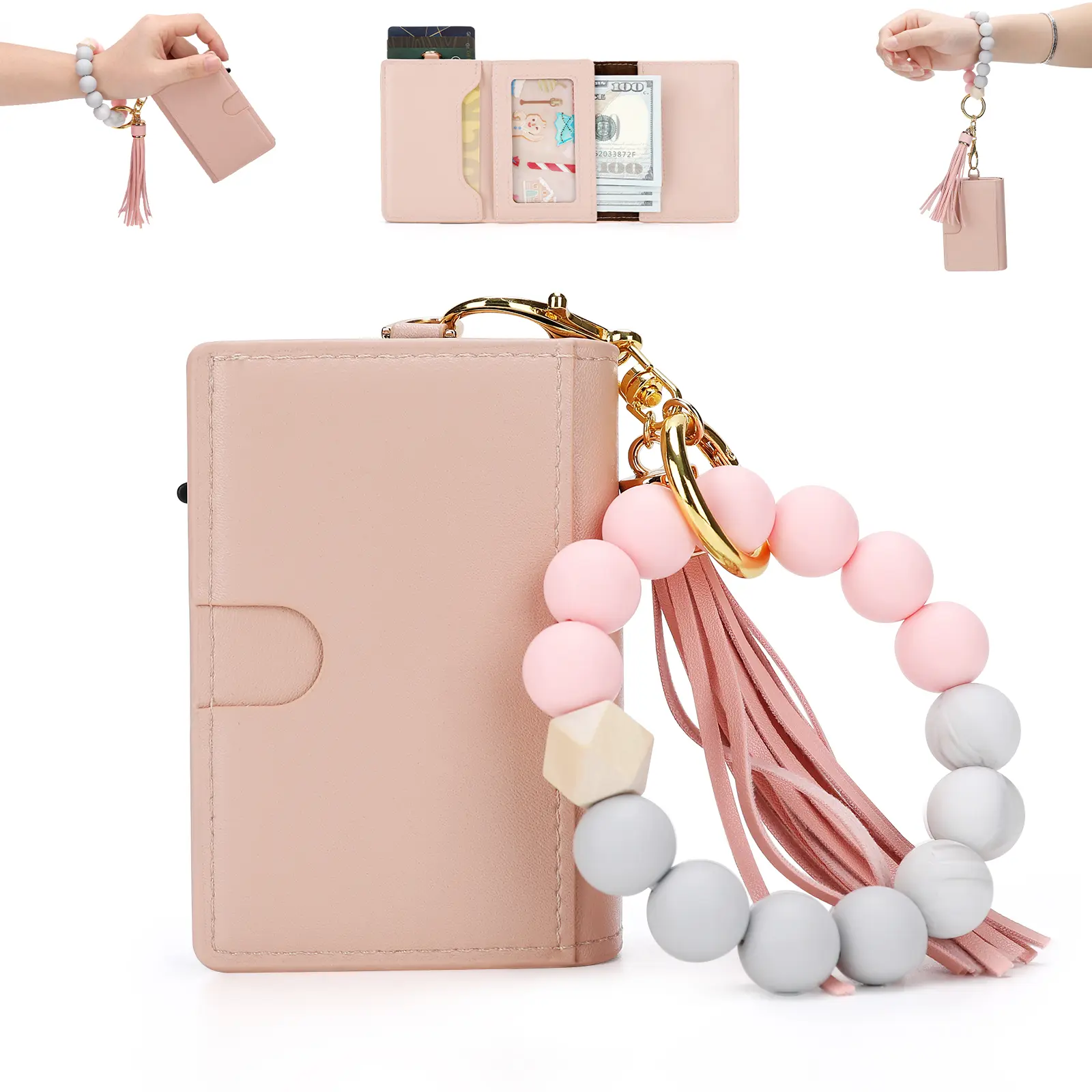Women's Pop-up Smart Wallet with Beaded Bracelet Slim RFID Blocking Leather Boho Credit Card Holder Purse ID Window Cash Slot Tassel Keychain
